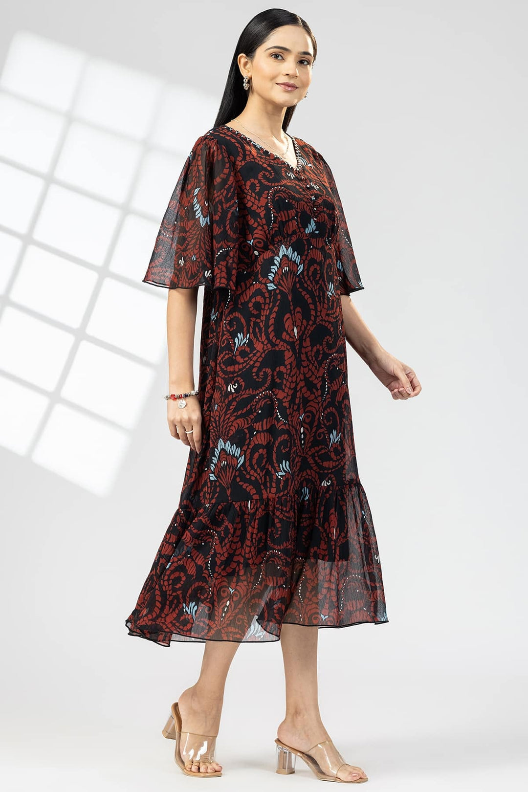 Brown Chiffon Print Dress with V-Neck &amp; Flared Sleeves