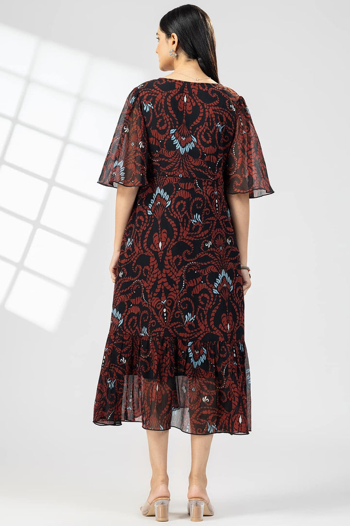 Brown Chiffon Print Dress with V-Neck &amp; Flared Sleeves