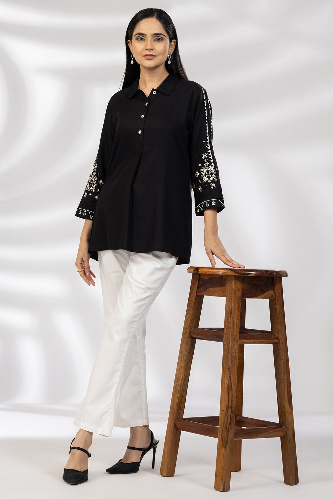 Black Tencel Twill Casual Top with Embroidery &amp; 3/4th Sleeves