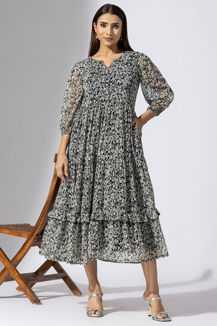 Black &amp;amp; White Chiffon Printed Casual Dress