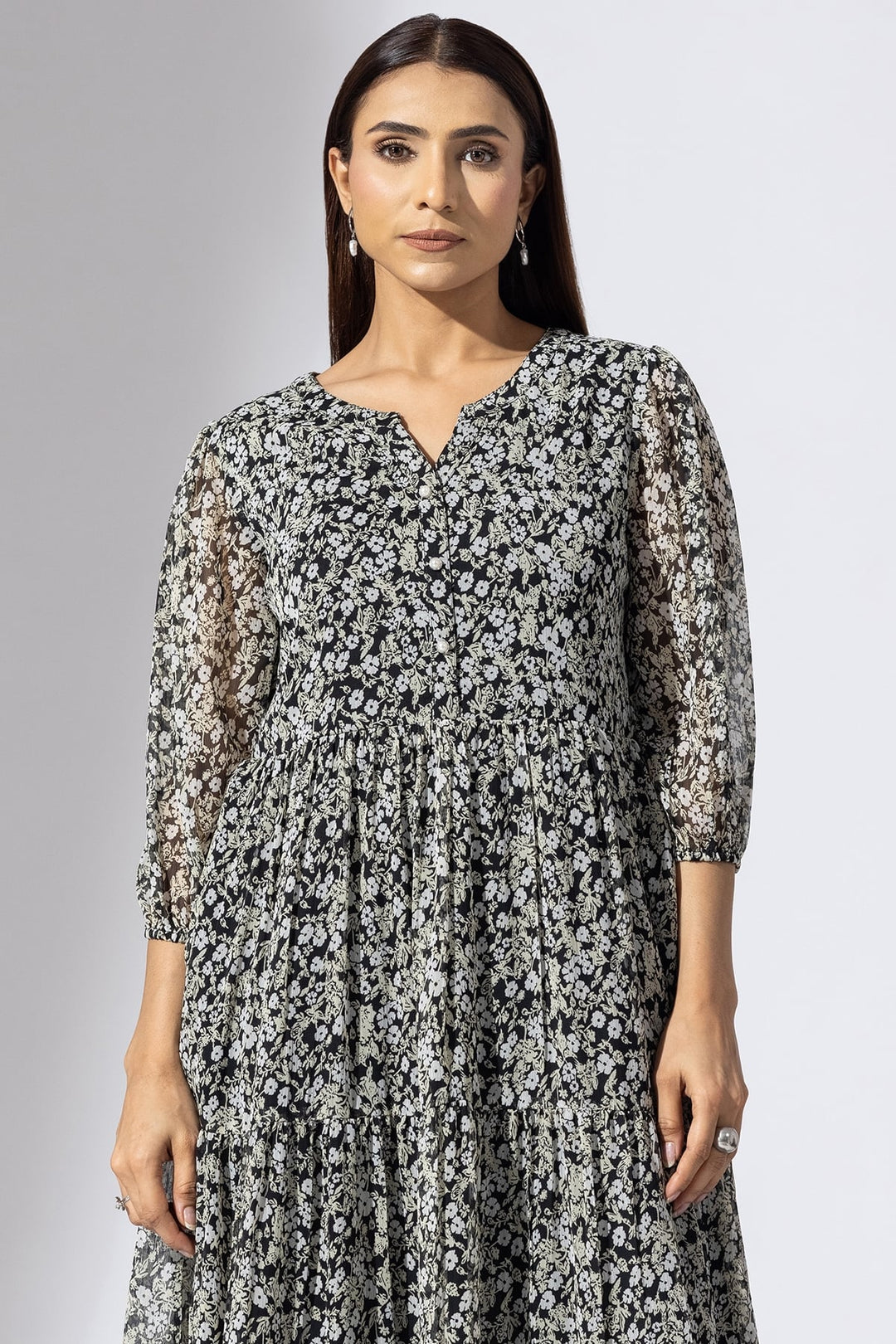 Black &amp;amp; White Chiffon Printed Casual Dress