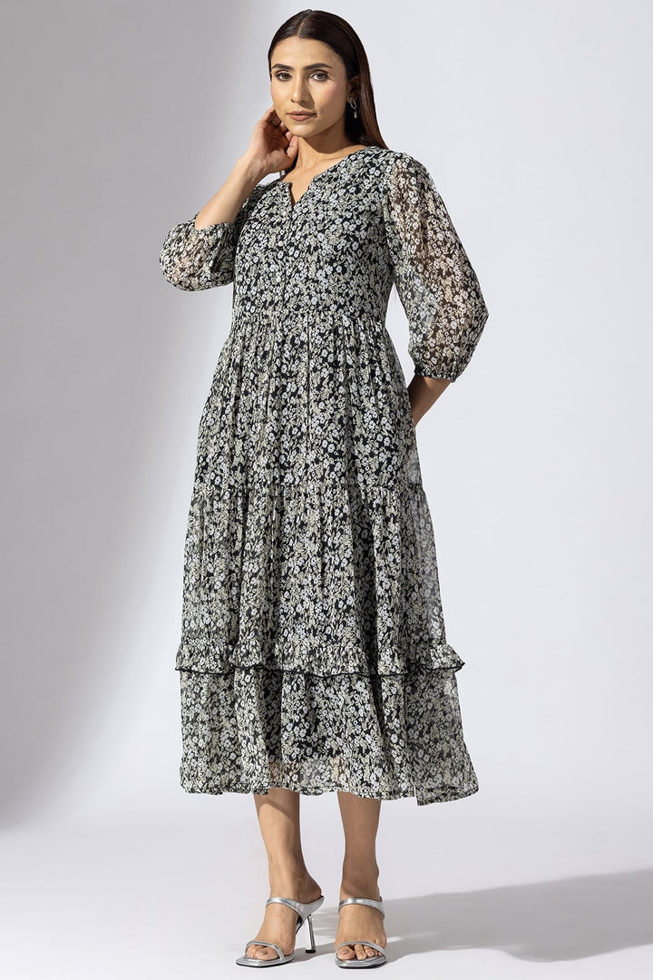 Black &amp;amp; White Chiffon Printed Casual Dress