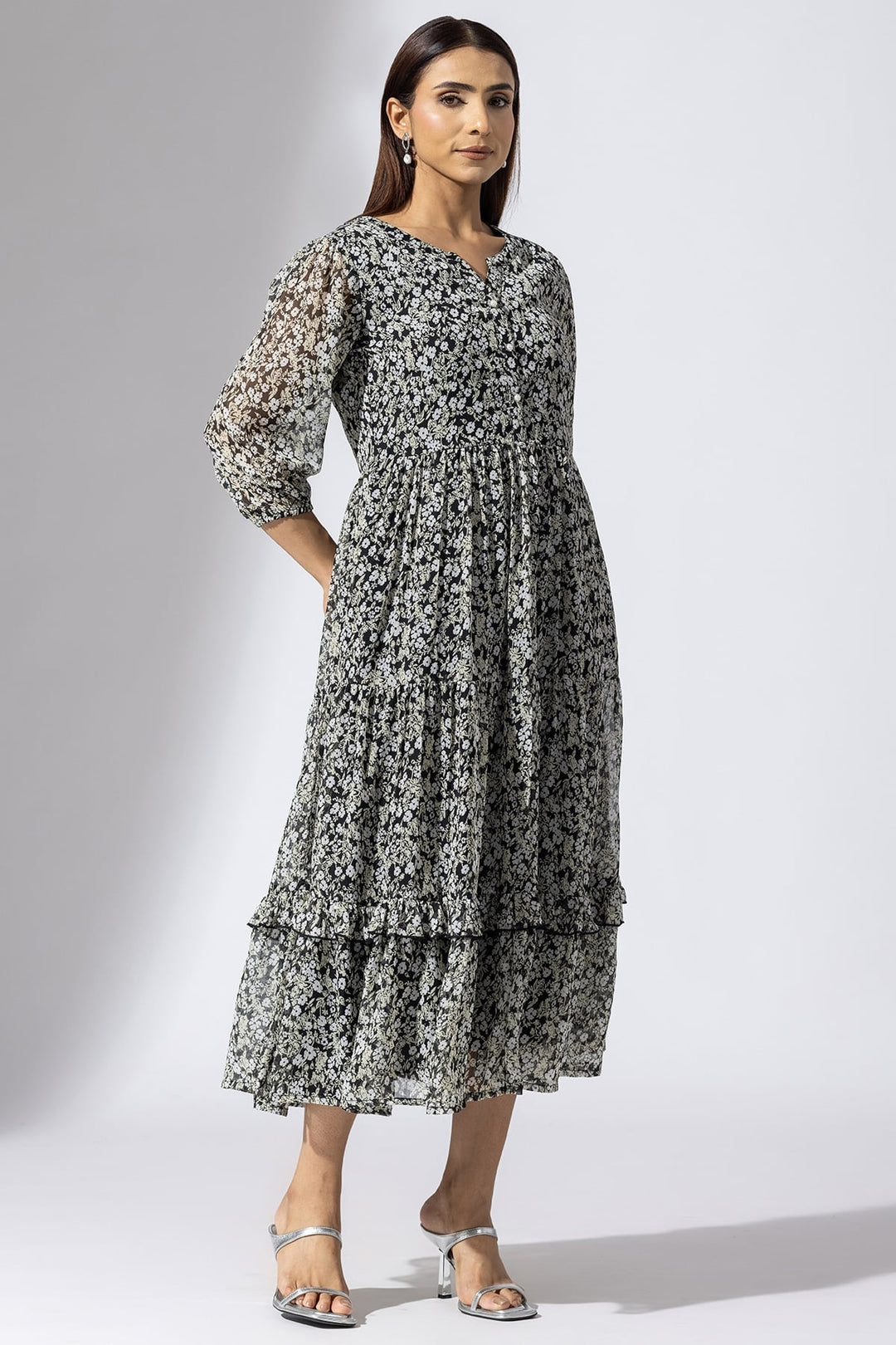 Black &amp;amp; White Chiffon Printed Casual Dress