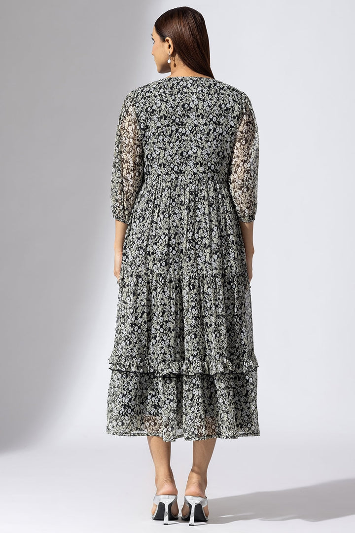 Black &amp;amp; White Chiffon Printed Casual Dress