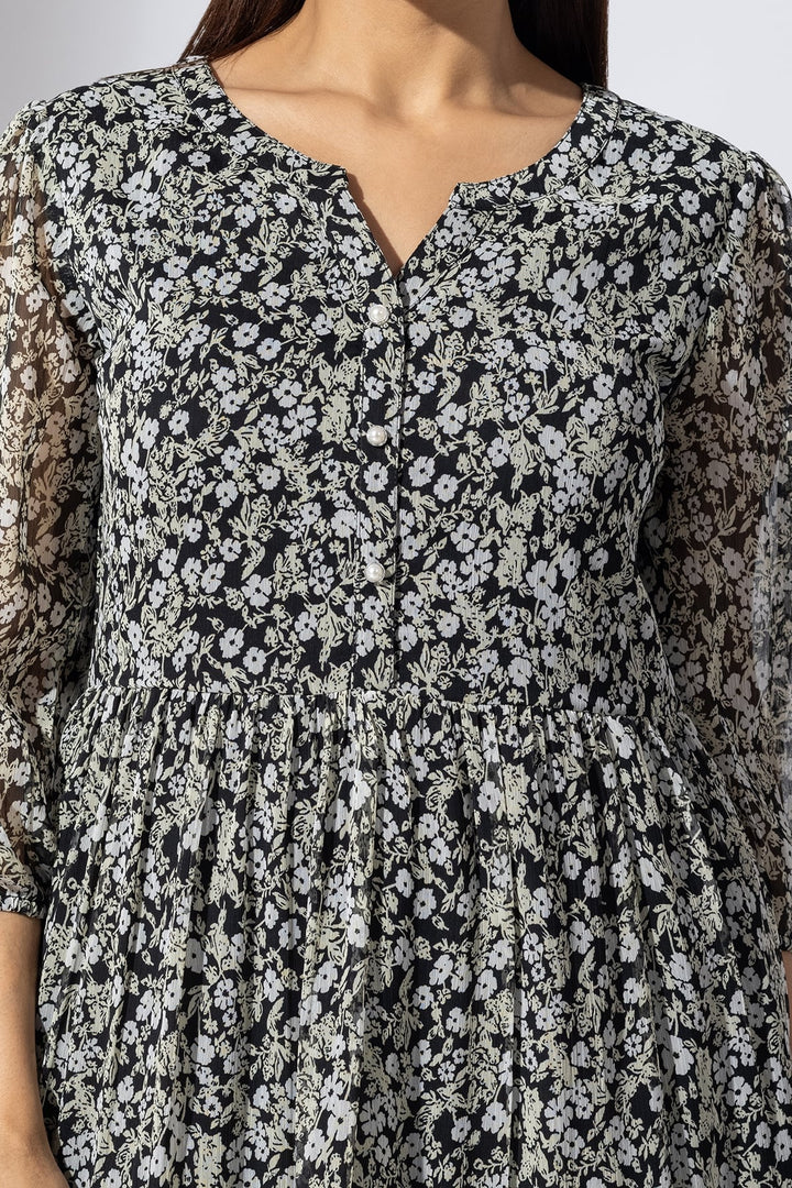 Black &amp;amp; White Chiffon Printed Casual Dress