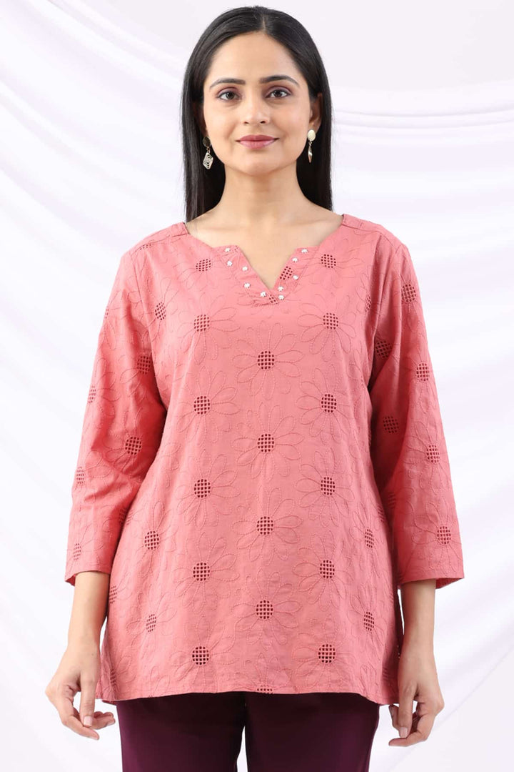 Pink Schiffli Embroidered Round Neck Top