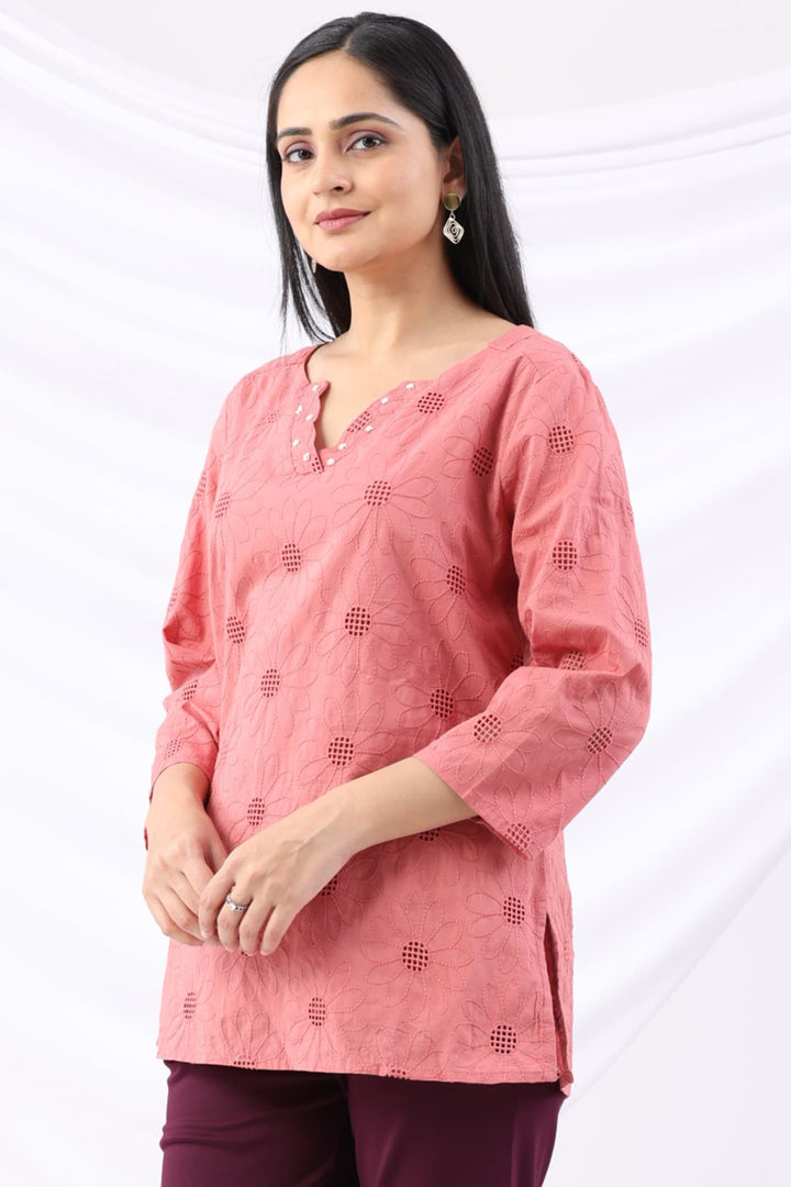 Pink Schiffli Embroidered Round Neck Top
