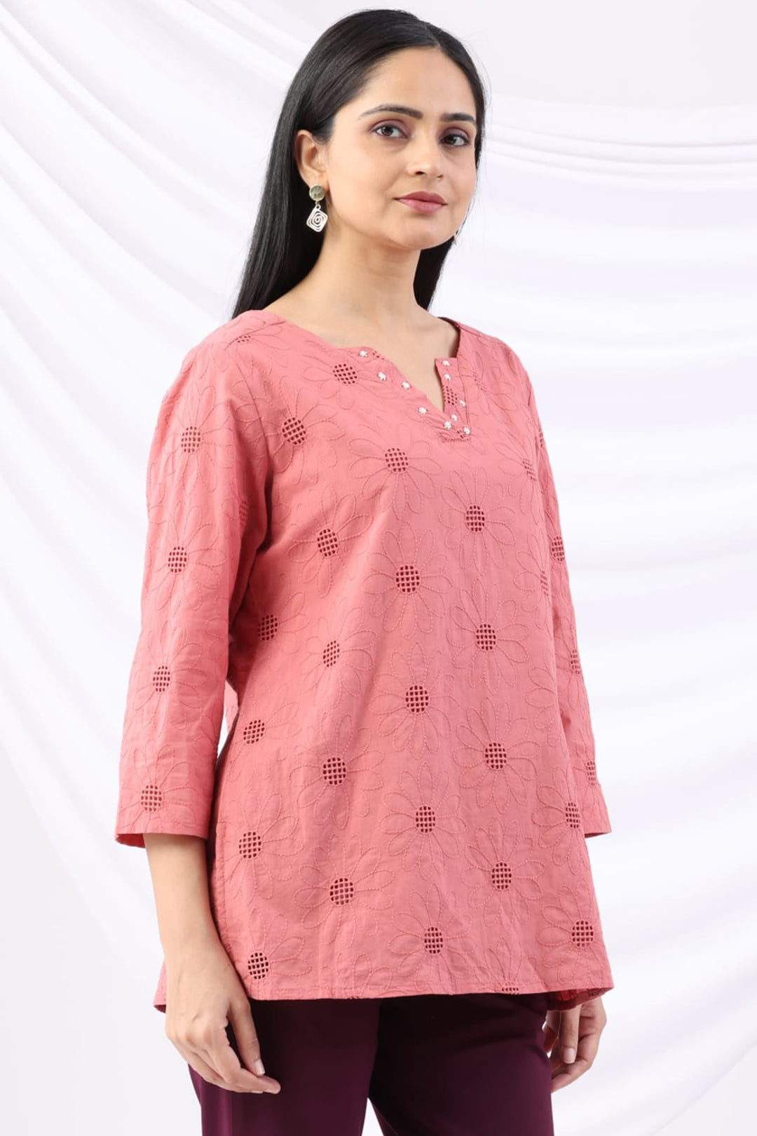 Pink Schiffli Embroidered Round Neck Top