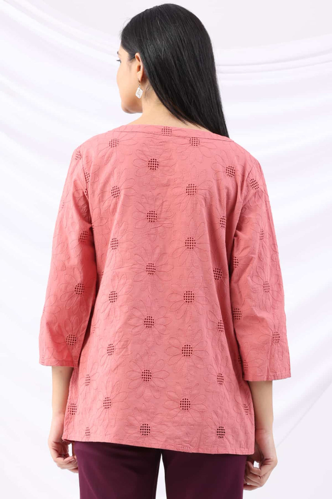 Pink Schiffli Embroidered Round Neck Top