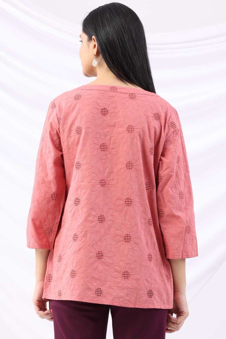 Pink Schiffli Embroidered Round Neck Top
