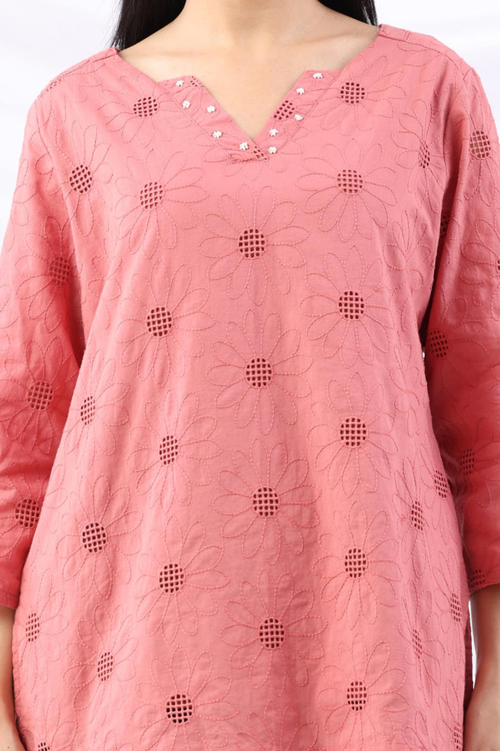 Pink Schiffli Embroidered Round Neck Top