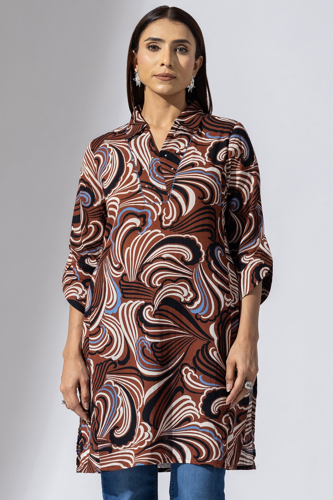 Brown Printed Rayon Crepe Collared Tunic