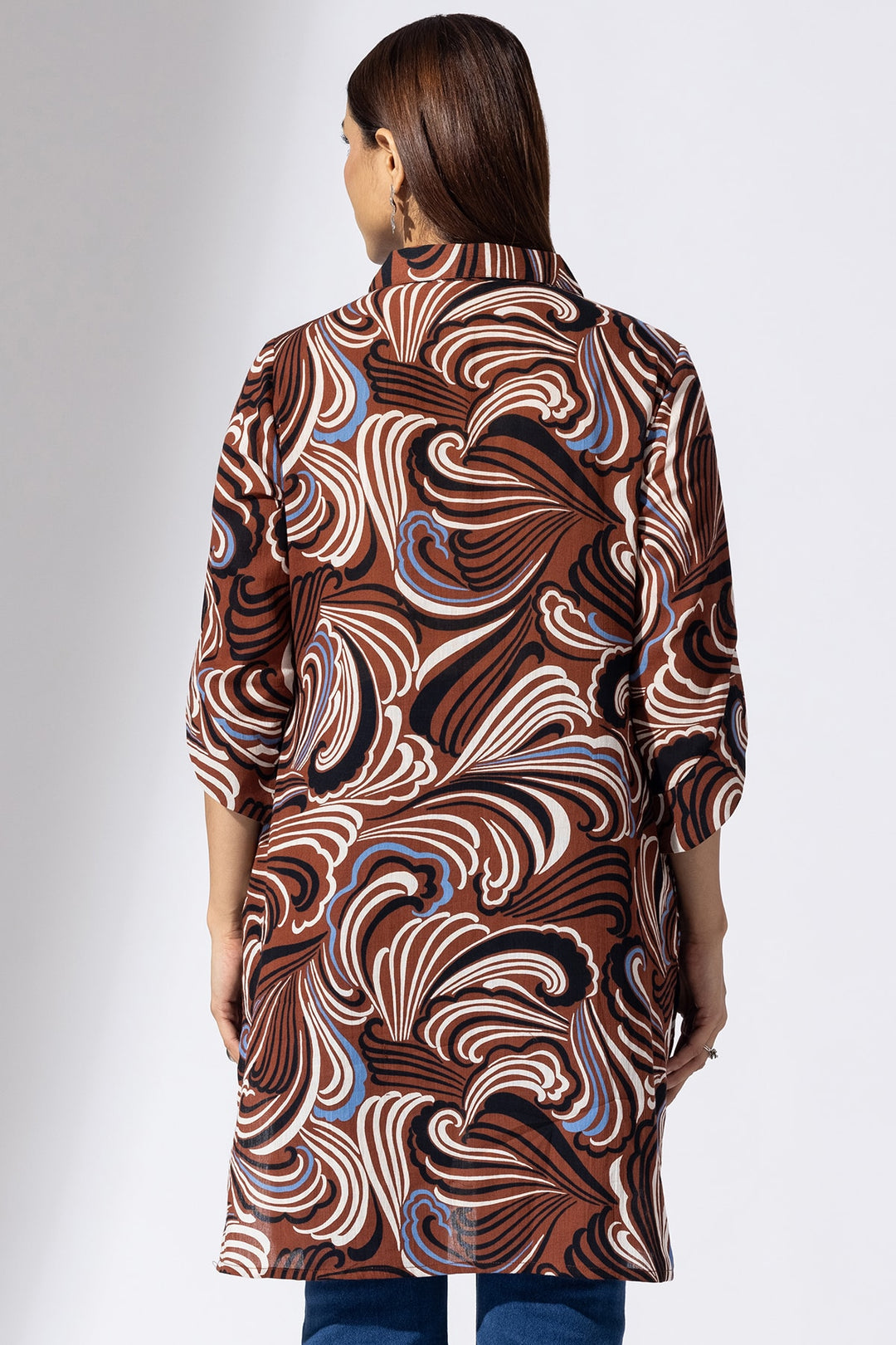 Brown Printed Rayon Crepe Collared Tunic