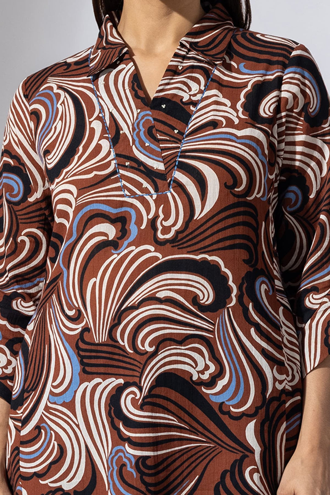Brown Printed Rayon Crepe Collared Tunic