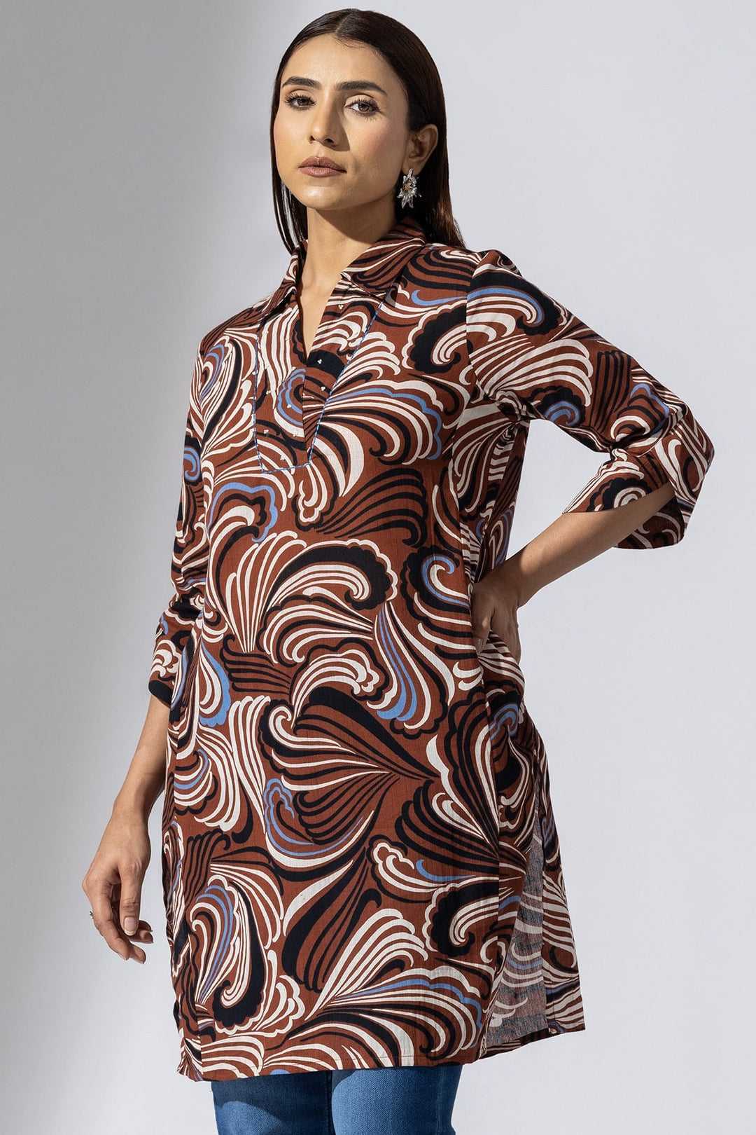 Brown Printed Rayon Crepe Collared Tunic