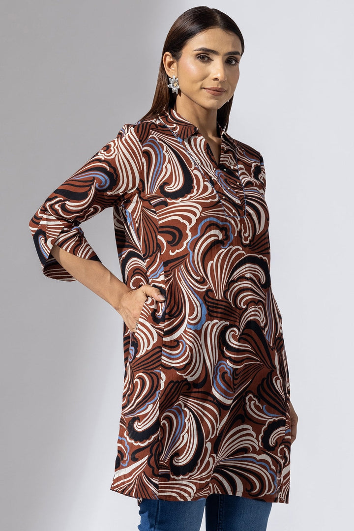 Brown Printed Rayon Crepe Collared Tunic