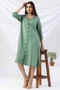 Green Cotton Viscose Dress with Lapel Collar & 3/4 Sleeves