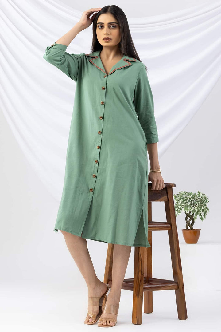 Green Cotton Viscose Dress with Lapel Collar &amp; 3/4 Sleeves
