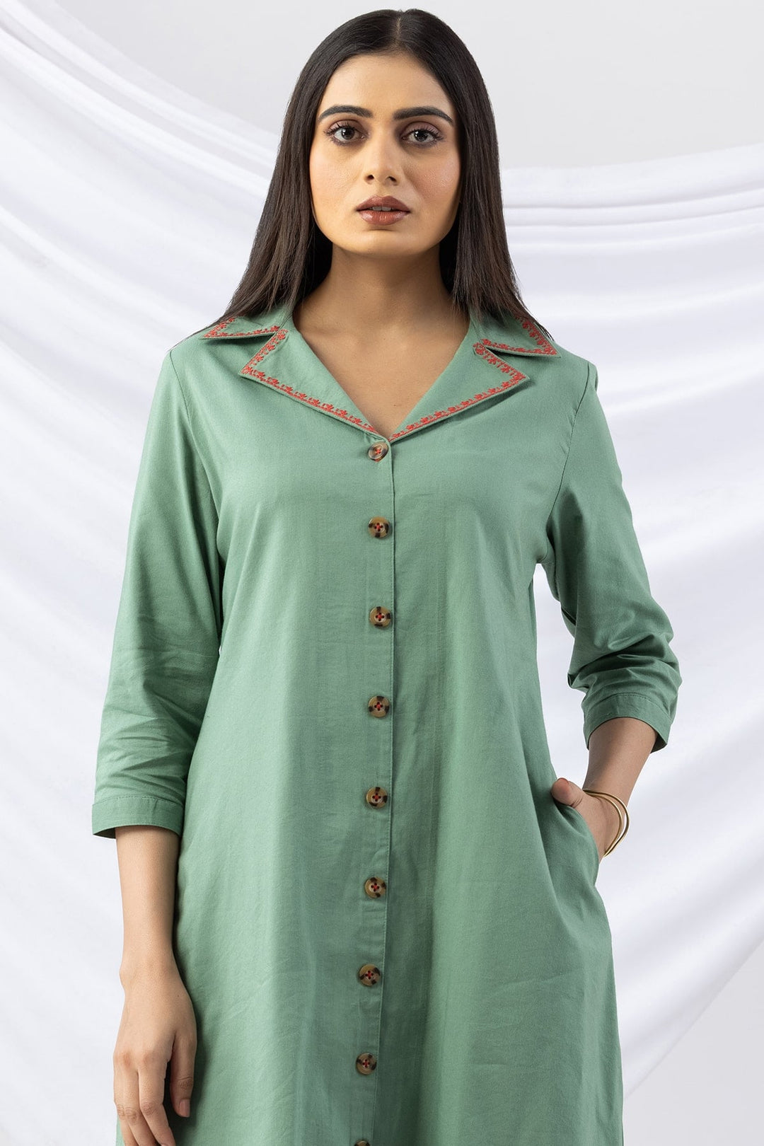 Green Cotton Viscose Dress with Lapel Collar &amp; 3/4 Sleeves