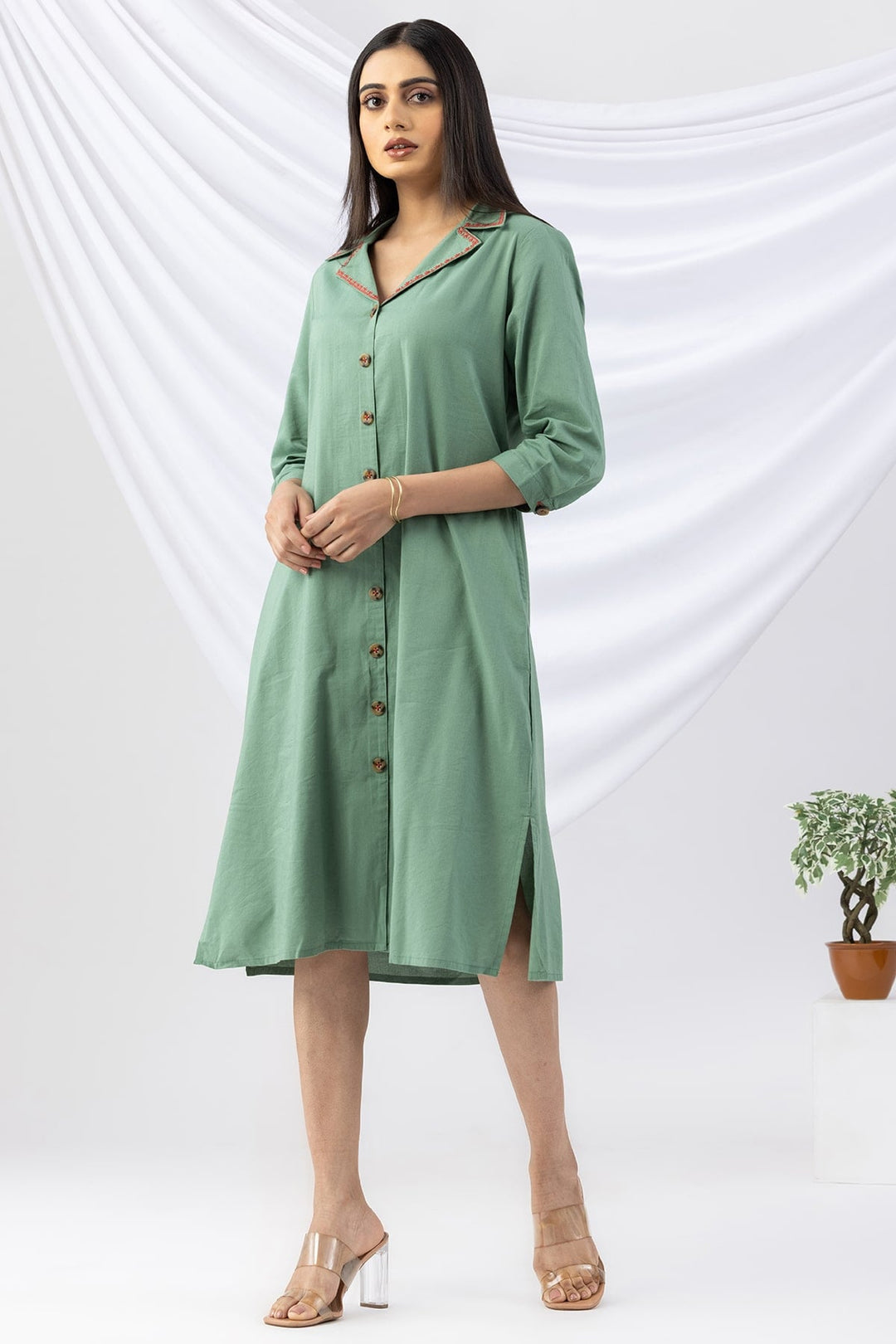 Green Cotton Viscose Dress with Lapel Collar &amp; 3/4 Sleeves