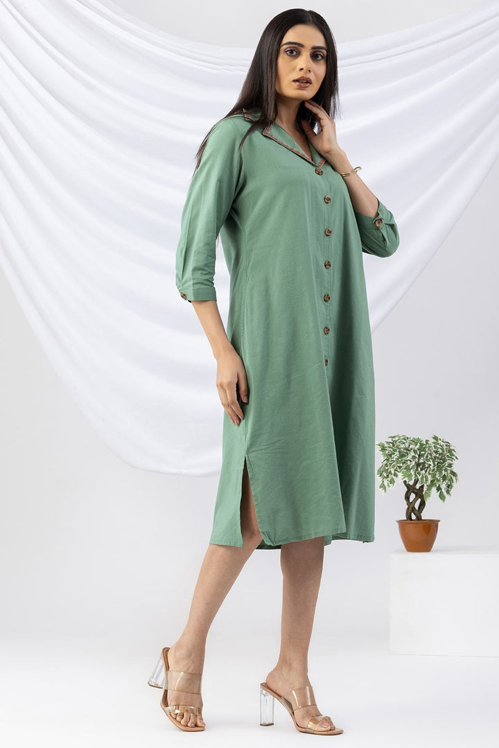 Green Cotton Viscose Dress with Lapel Collar &amp; 3/4 Sleeves