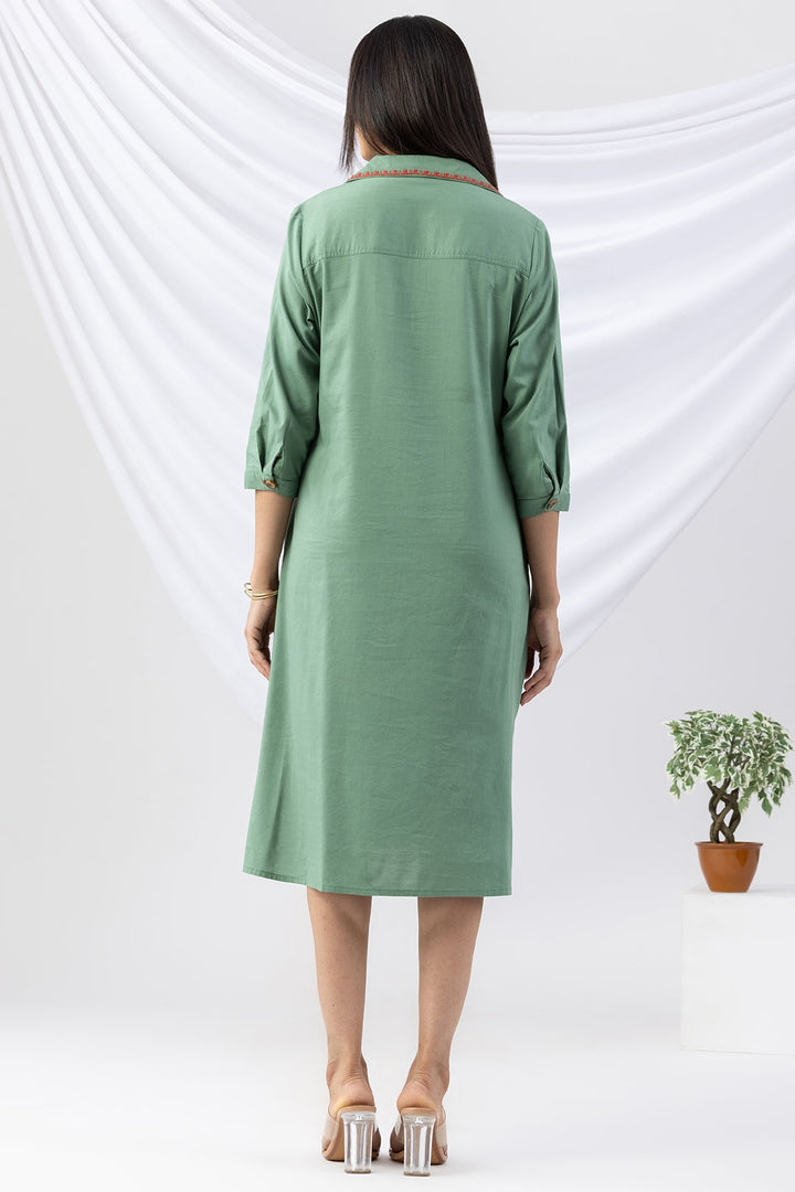 Green Cotton Viscose Dress with Lapel Collar &amp; 3/4 Sleeves