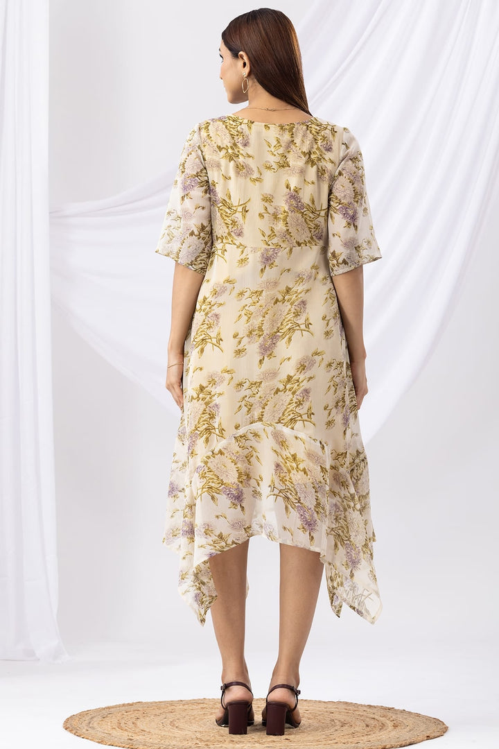 Pale Yellow Printed Chiffon Dress