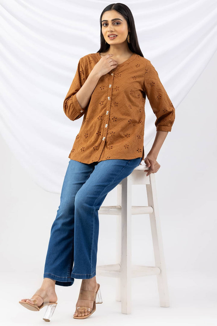 Cinnamon Schiffli Cotton Top with Round Neck &amp; 3/4 Sleeves