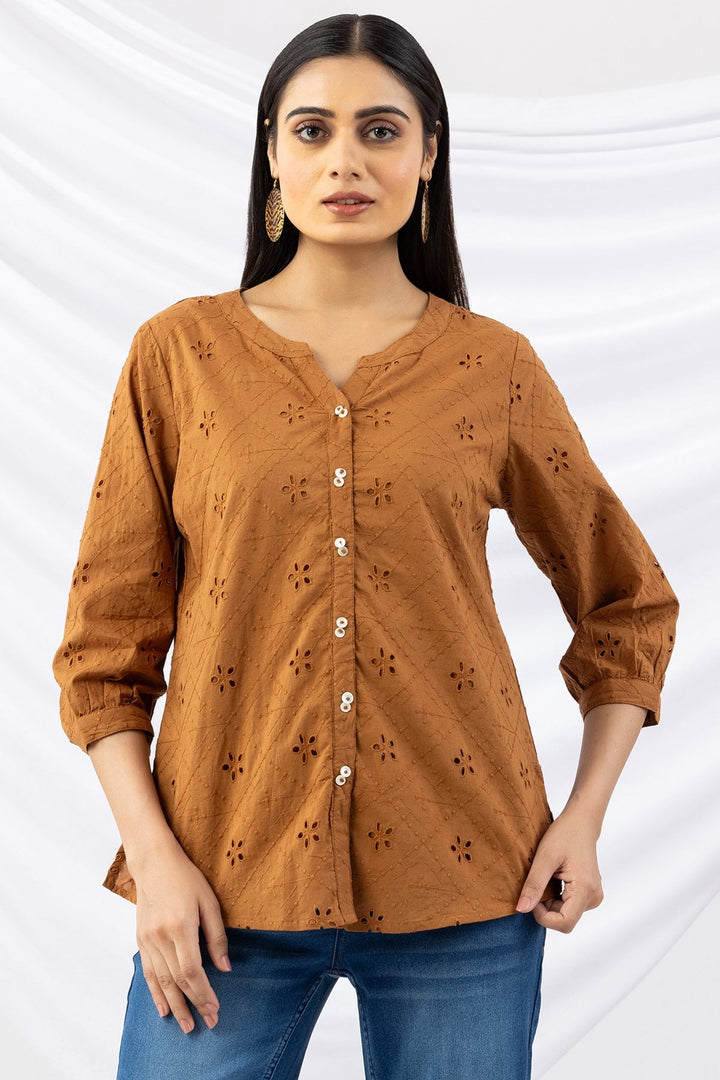 Cinnamon Schiffli Cotton Top with Round Neck &amp; 3/4 Sleeves
