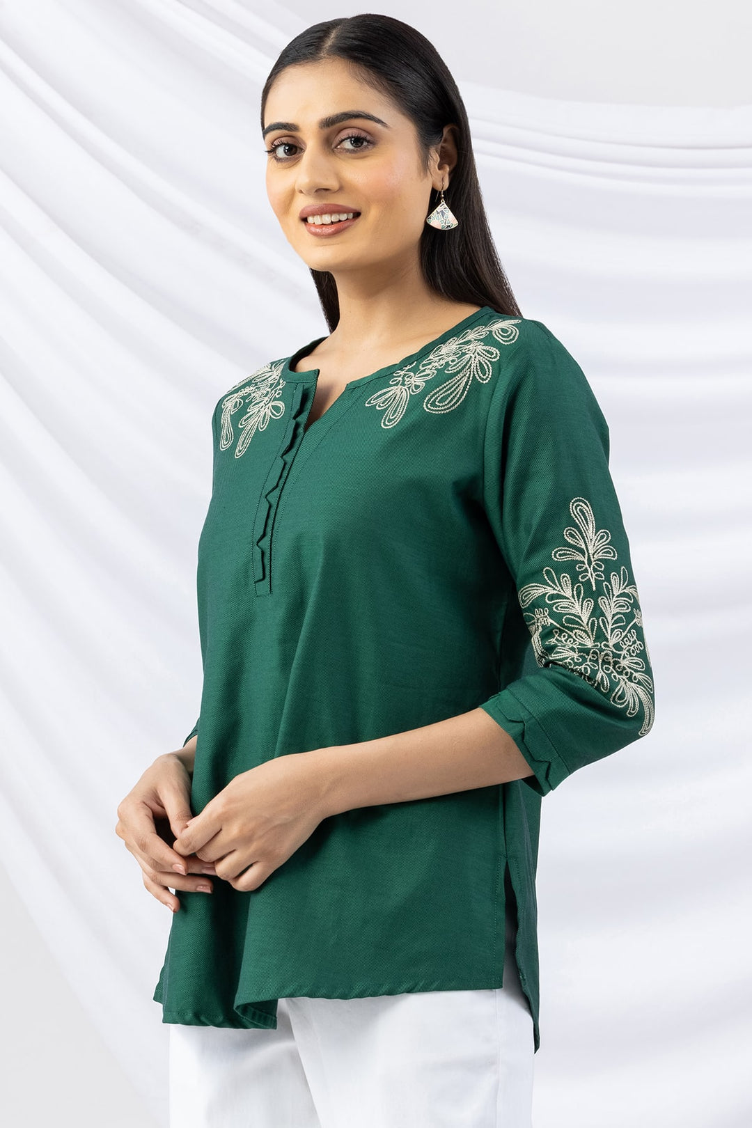 Green Embroidered Round Neck Winter Top