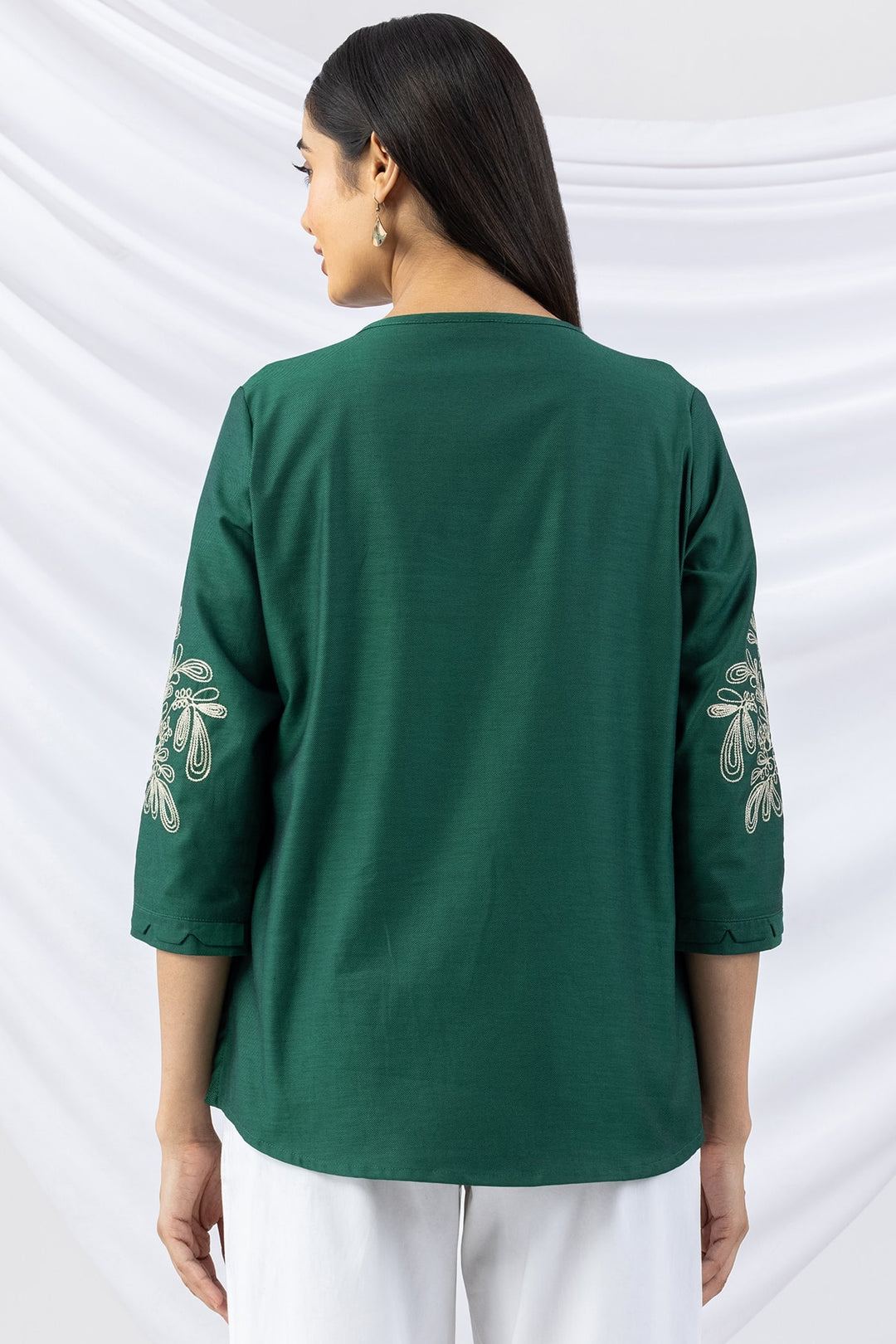 Green Embroidered Round Neck Winter Top