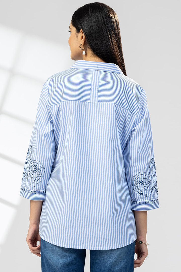 Blue Cotton Stripe Embroidered Shirt