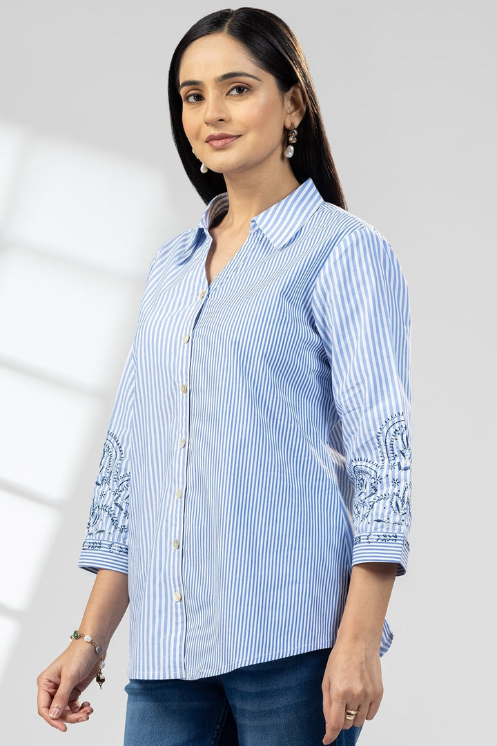 Blue Cotton Stripe Embroidered Shirt