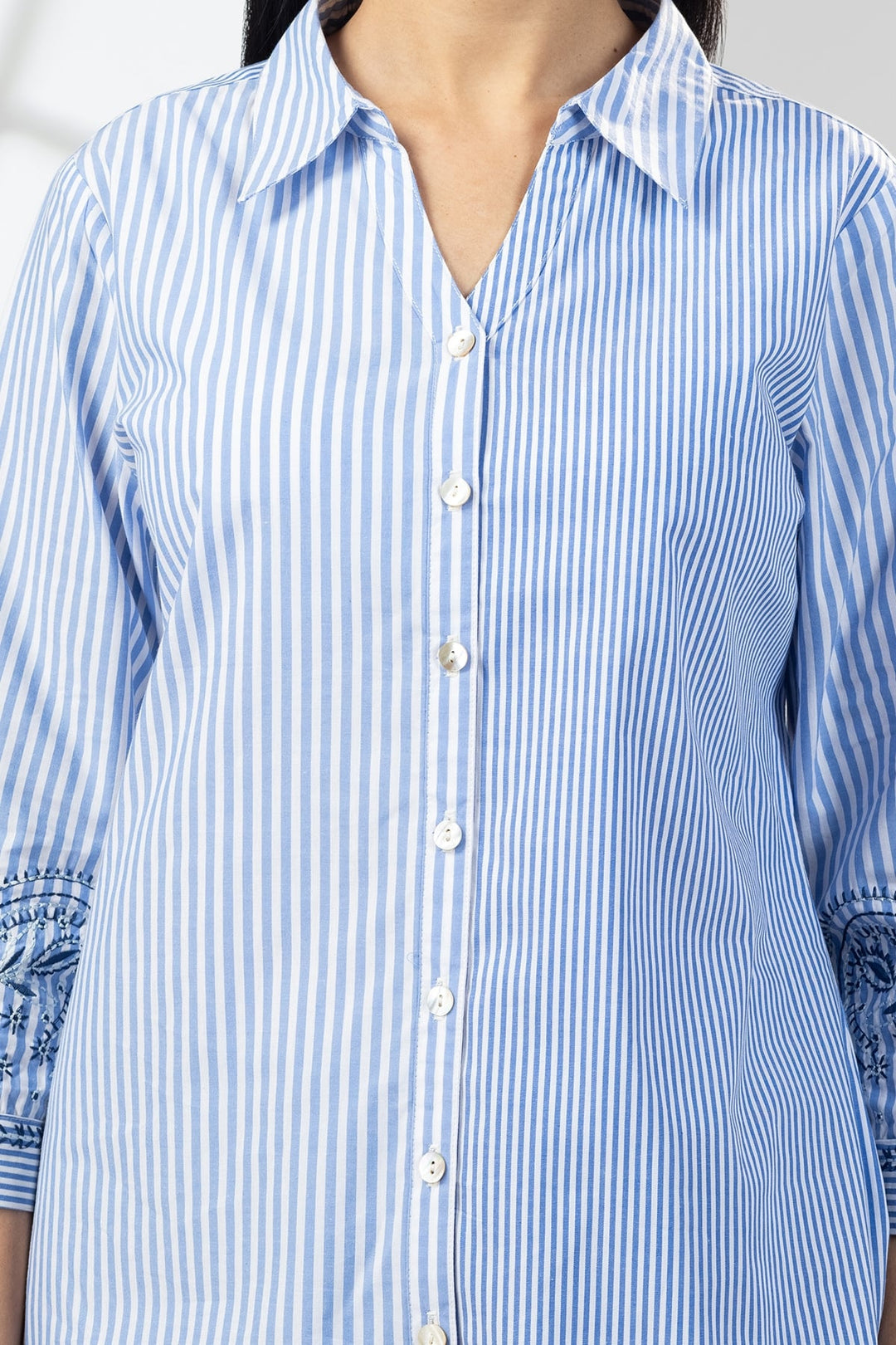 Blue Cotton Stripe Embroidered Shirt