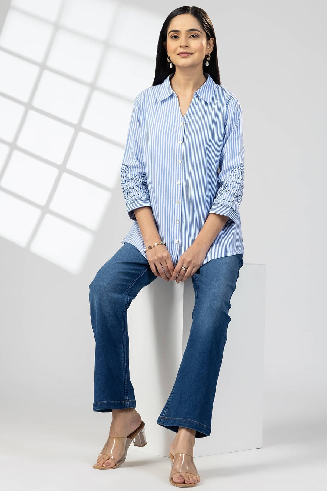 Blue Cotton Stripe Embroidered Shirt