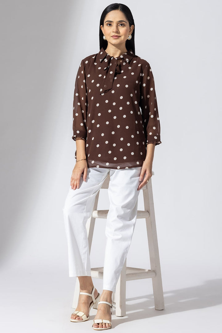 Brown Printed Georgette Collared Top