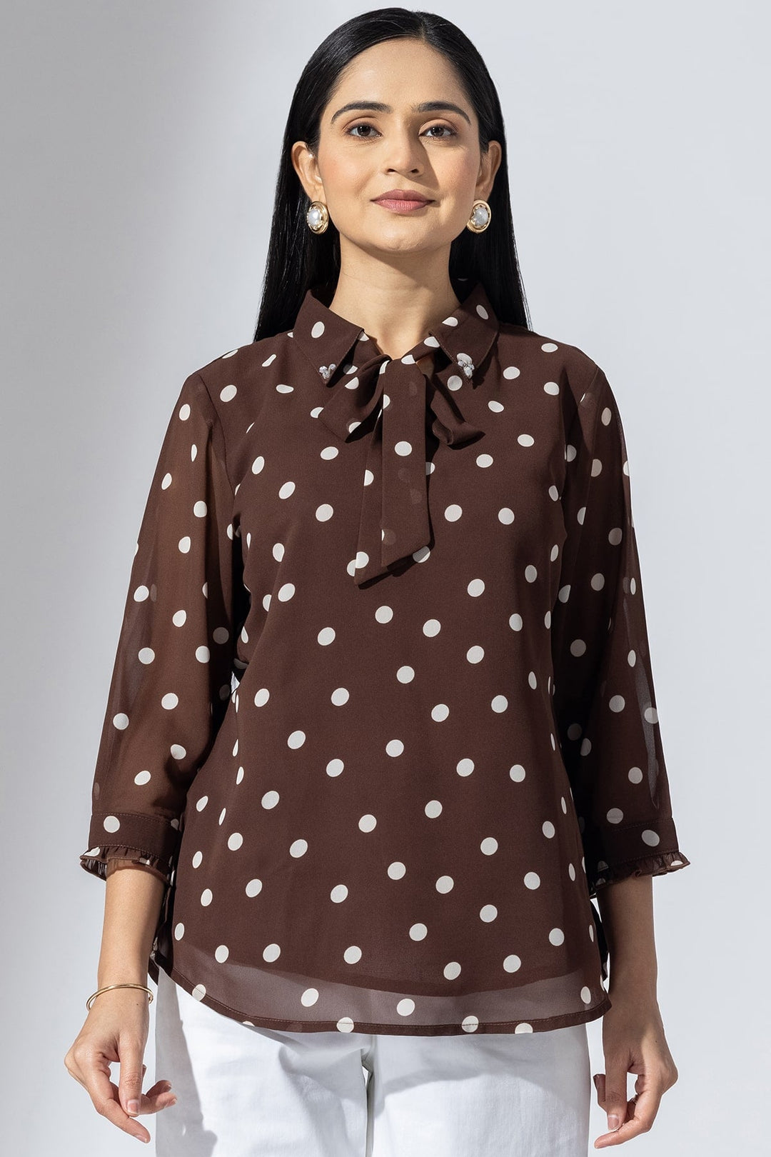 Brown Printed Georgette Collared Top