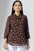 Brown Printed Georgette Collared Top