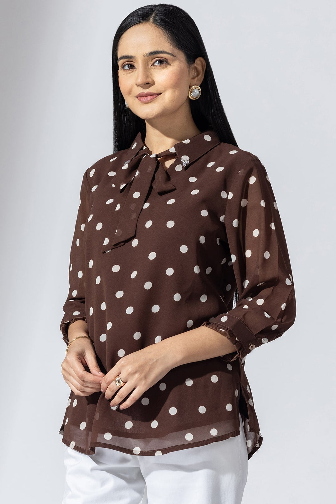 Brown Printed Georgette Collared Top