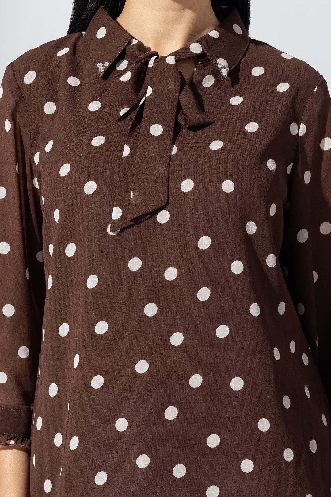 Brown Printed Georgette Collared Top