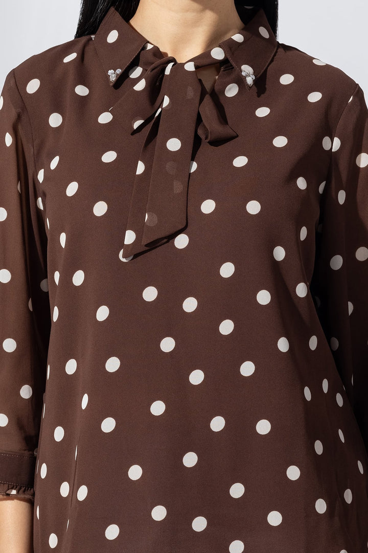 Brown Printed Georgette Collared Top