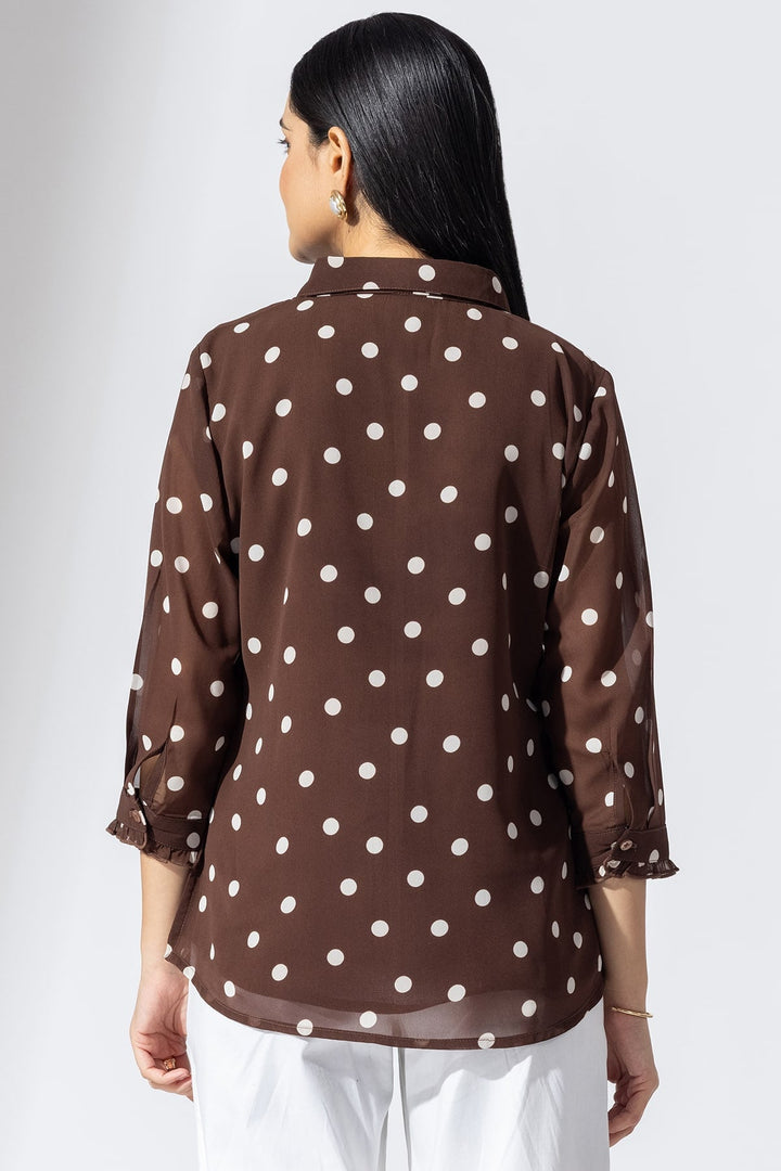 Brown Printed Georgette Collared Top