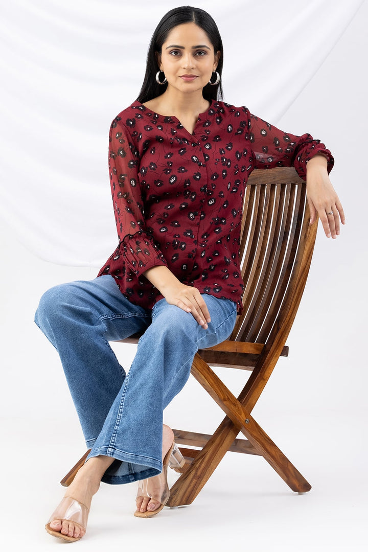Maroon Chiffon Printed Top