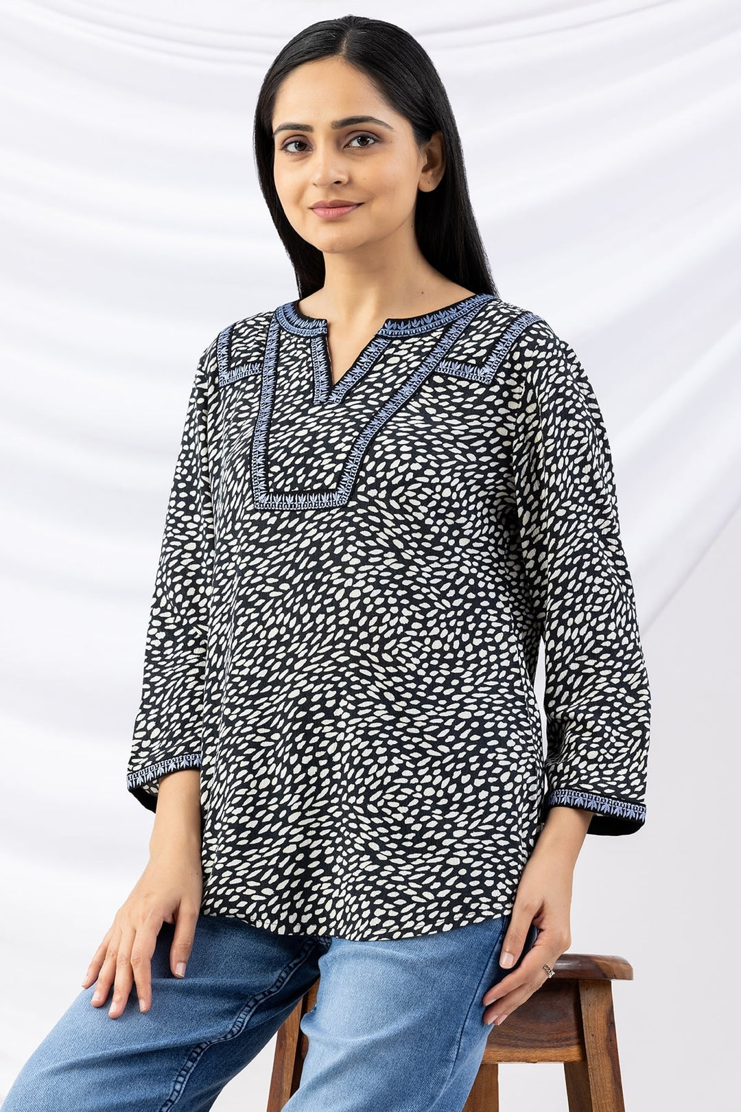 Black Embroidered Viscose Crepe Top with Round Neck and 3/4th Sleeves