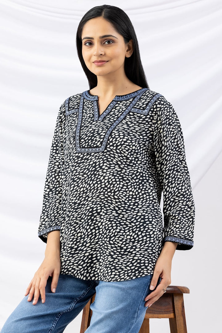 Black Embroidered Viscose Crepe Top with Round Neck and 3/4th Sleeves