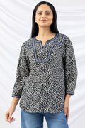 Black Embroidered Viscose Crepe Top with Round Neck and 3/4th Sleeves