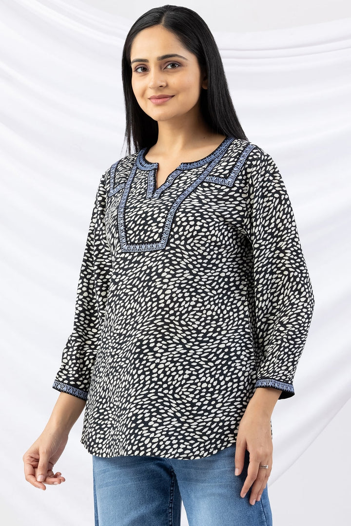 Black Embroidered Viscose Crepe Top with Round Neck and 3/4th Sleeves