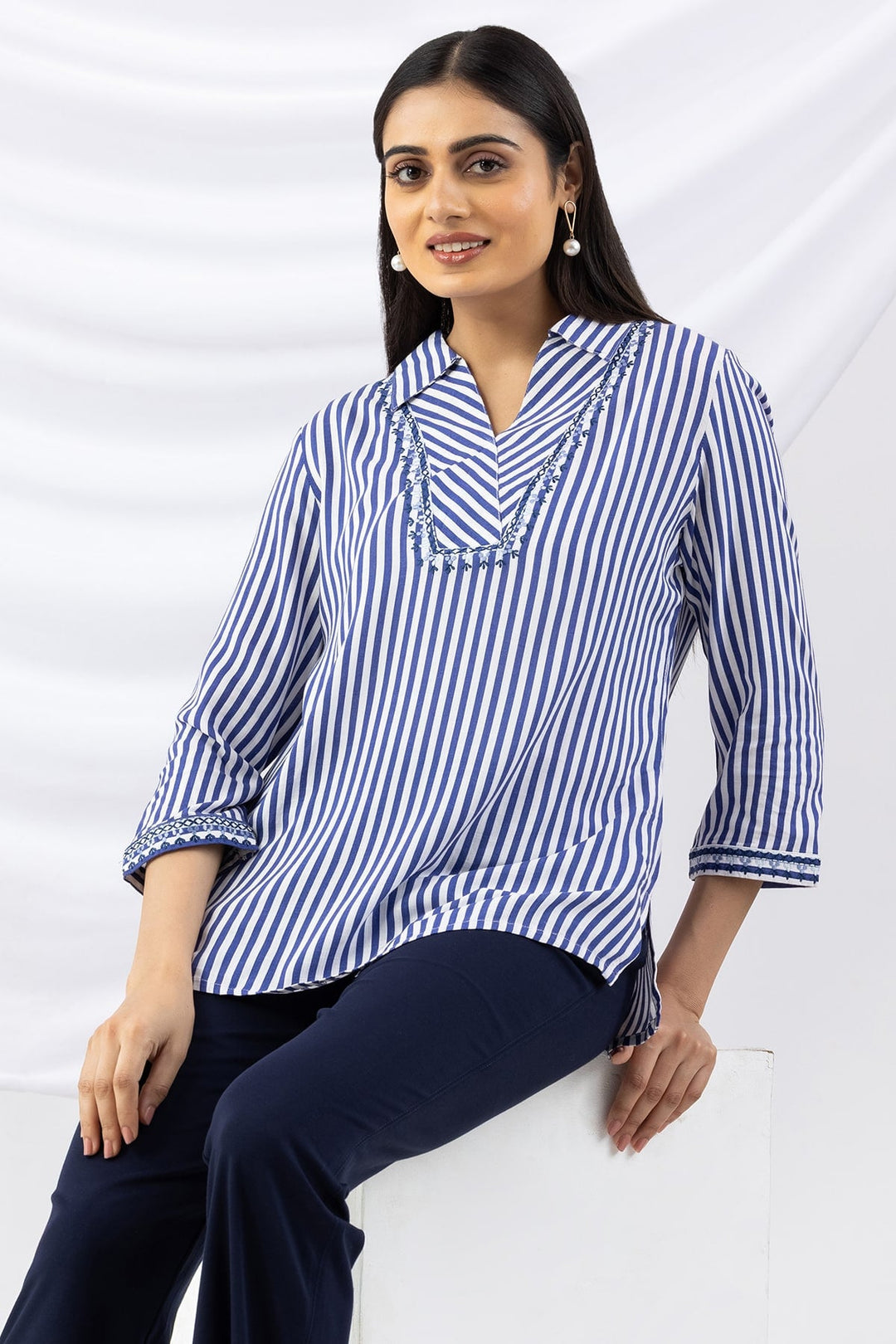 Blue Striped Viscose Slub Top with Collar and 3/4th Sleeves