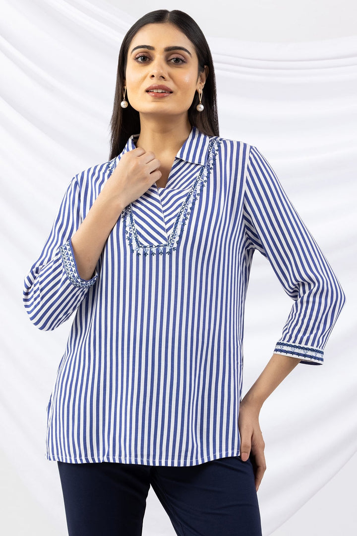 Blue Striped Viscose Slub Top with Collar and 3/4th Sleeves