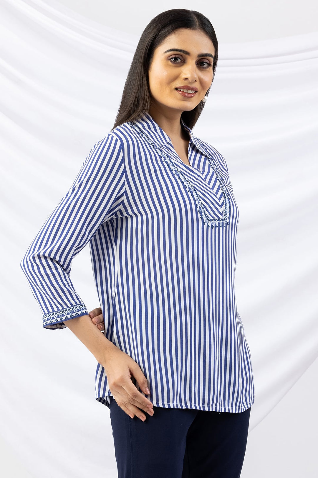 Blue Striped Viscose Slub Top with Collar and 3/4th Sleeves